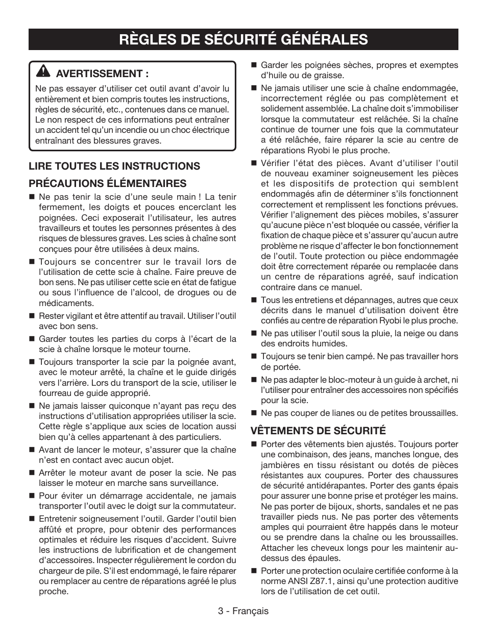 Règles de sécurité générales | Ryobi P542 User Manual | Page 27 / 76