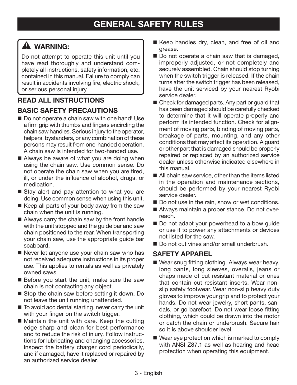 General safety rules | Ryobi P542 User Manual | Page 3 / 76
