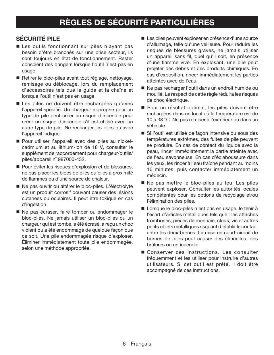 Règles specifiques de sécurité, Règles de sécurité particulières | Ryobi P542 User Manual | Page 30 / 76