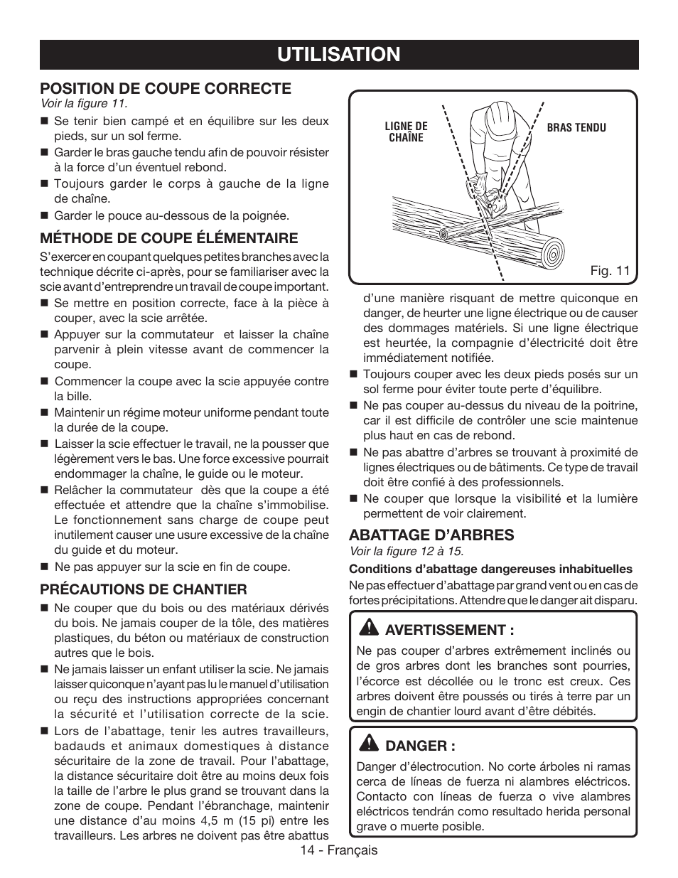 Utilisation, Position de coupe correcte, Abattage d’arbres | Ryobi P542 User Manual | Page 38 / 76