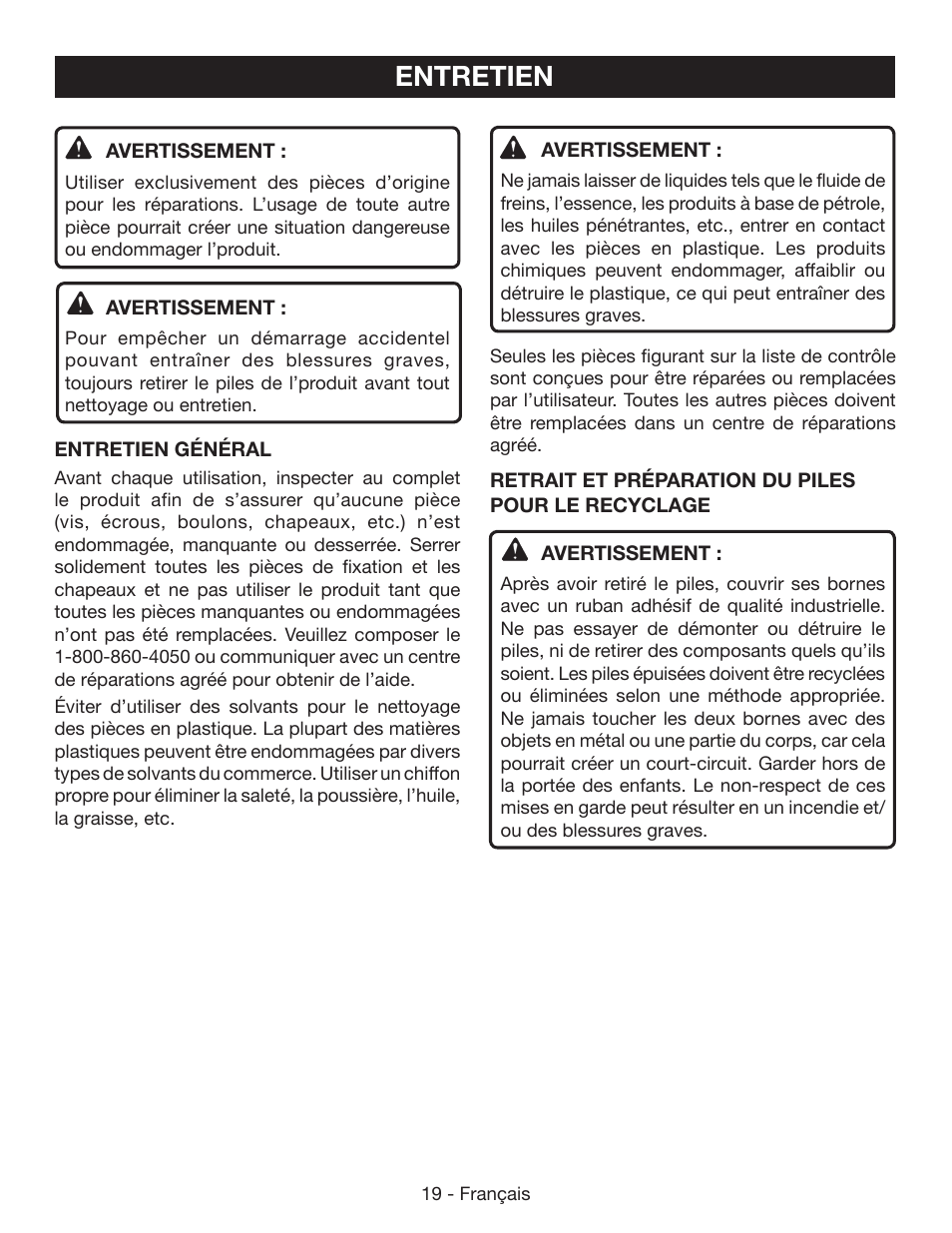 Entretien | Ryobi P542 User Manual | Page 43 / 76