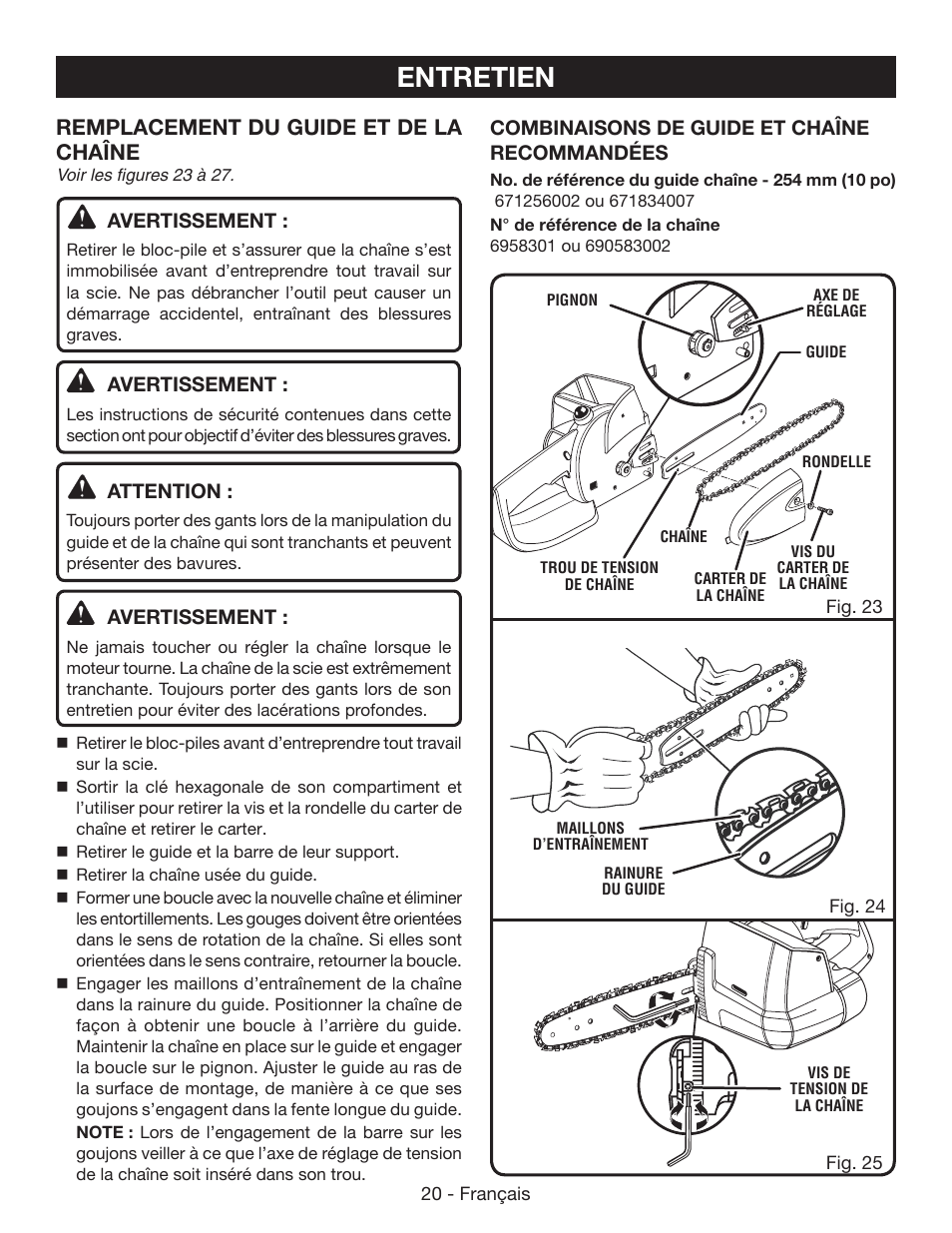 Entretien, Remplacement du guide et de la chaîne | Ryobi P542 User Manual | Page 44 / 76