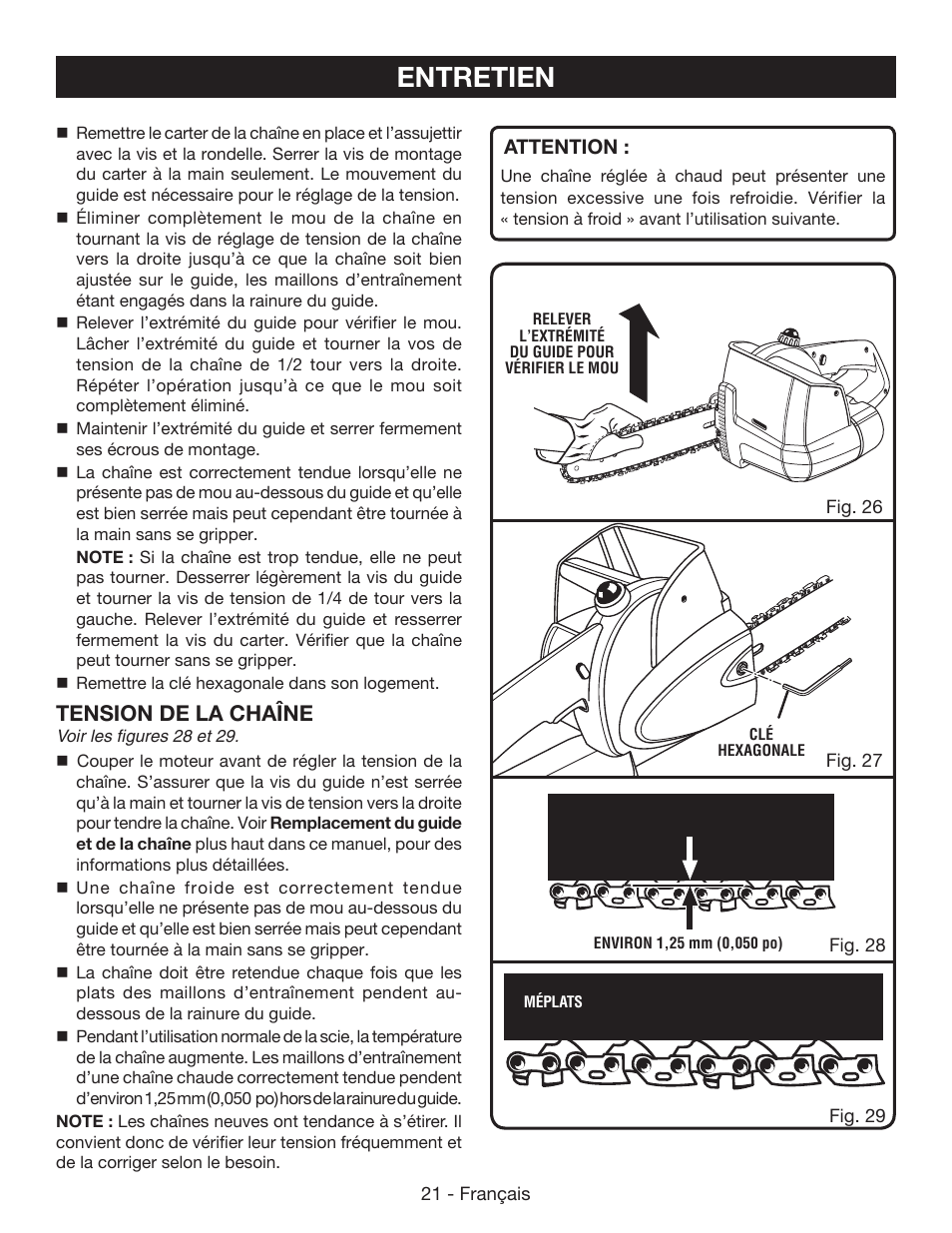 Entretien, Tension de la chaîne | Ryobi P542 User Manual | Page 45 / 76