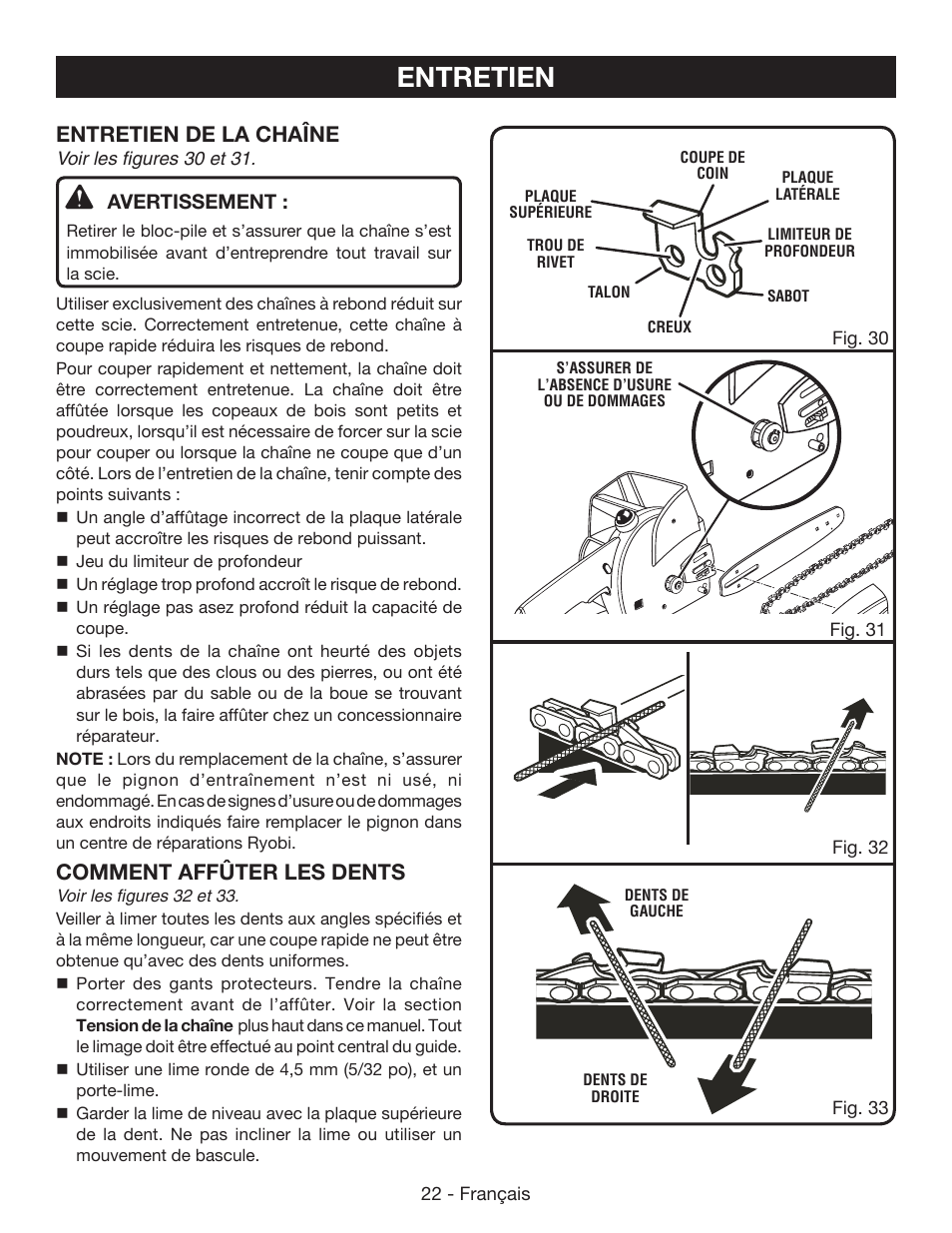 Entretien, Entretien de la chaîne, Comment affûter les dents | Ryobi P542 User Manual | Page 46 / 76