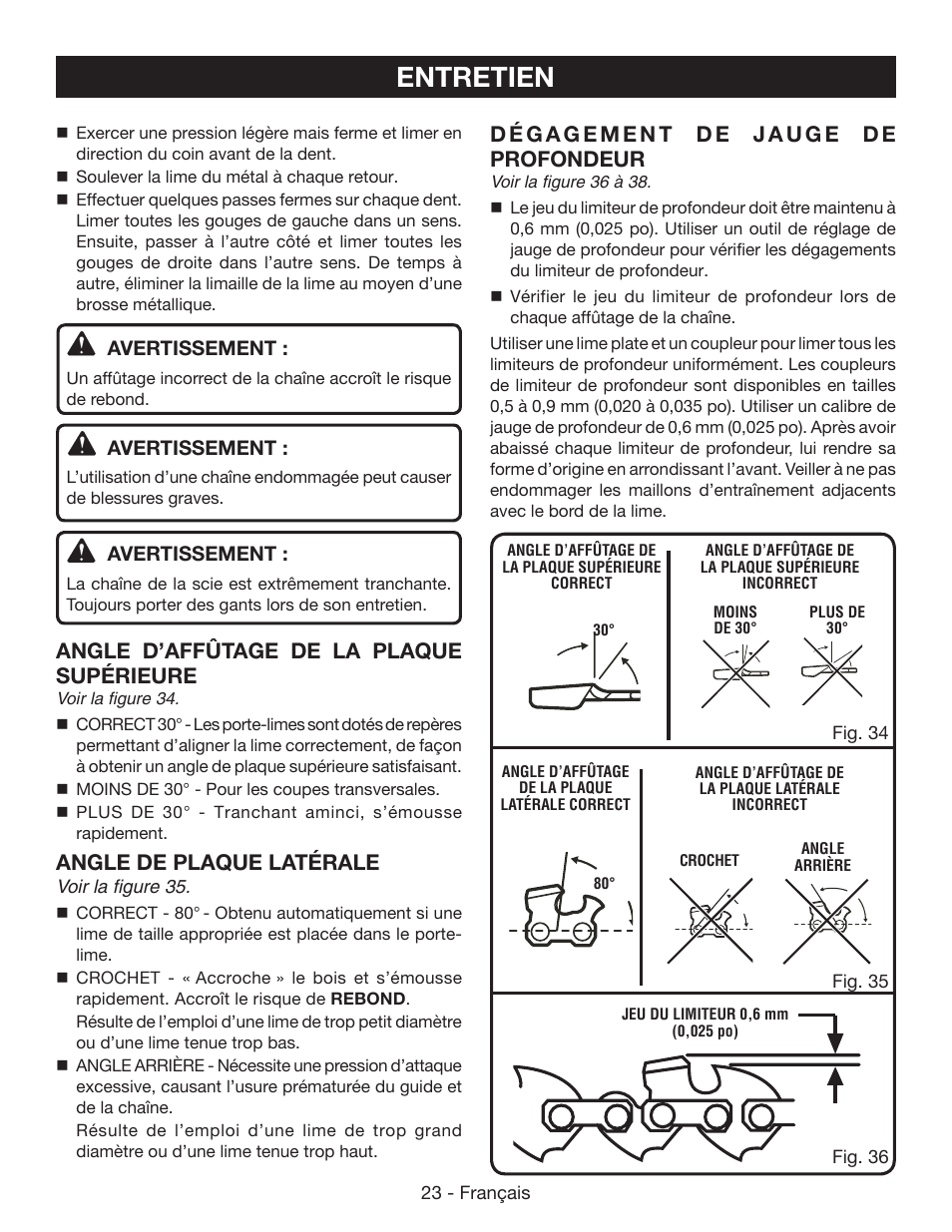 Entretien, Angle d’affûtage de la plaque supérieure, Angle de plaque latérale | Ryobi P542 User Manual | Page 47 / 76