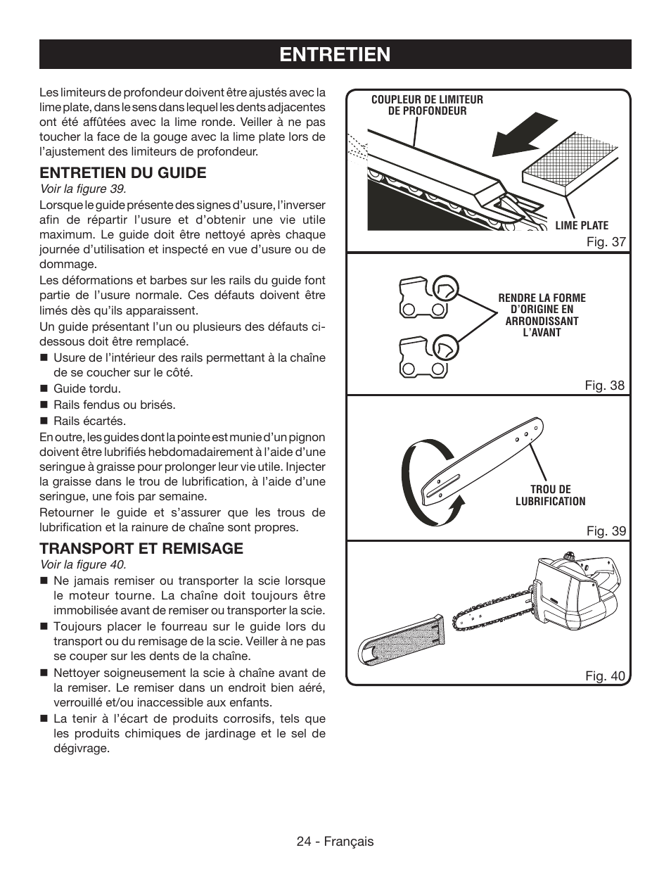 Entretien, Entretien du guide, Transport et remisage | Ryobi P542 User Manual | Page 48 / 76