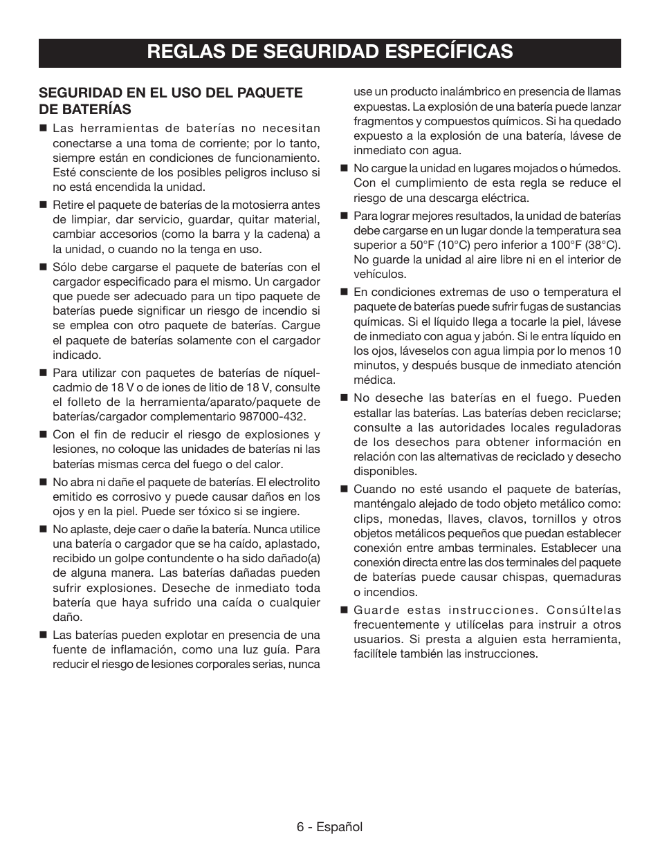 Reglas de seguridad específicas | Ryobi P542 User Manual | Page 54 / 76