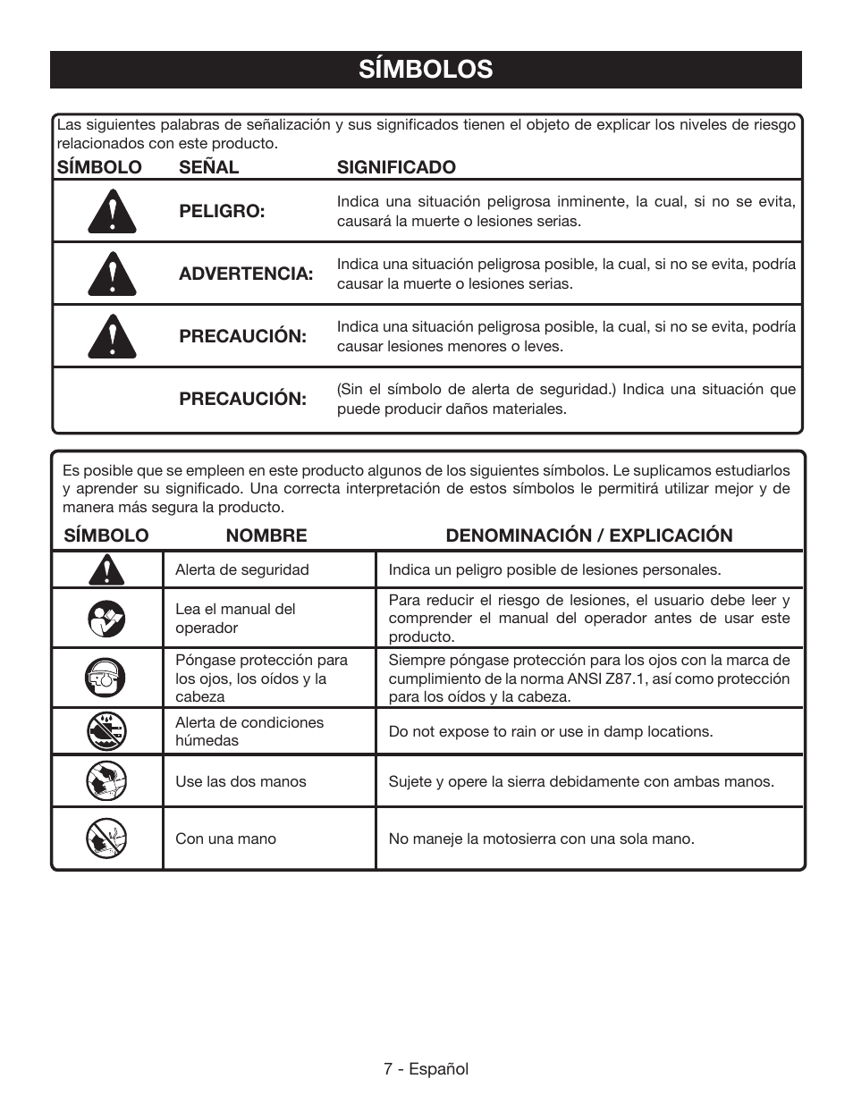 Símbolos | Ryobi P542 User Manual | Page 55 / 76