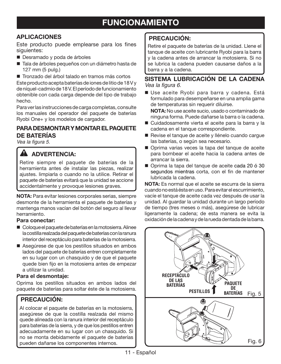 Funcionamiento | Ryobi P542 User Manual | Page 59 / 76