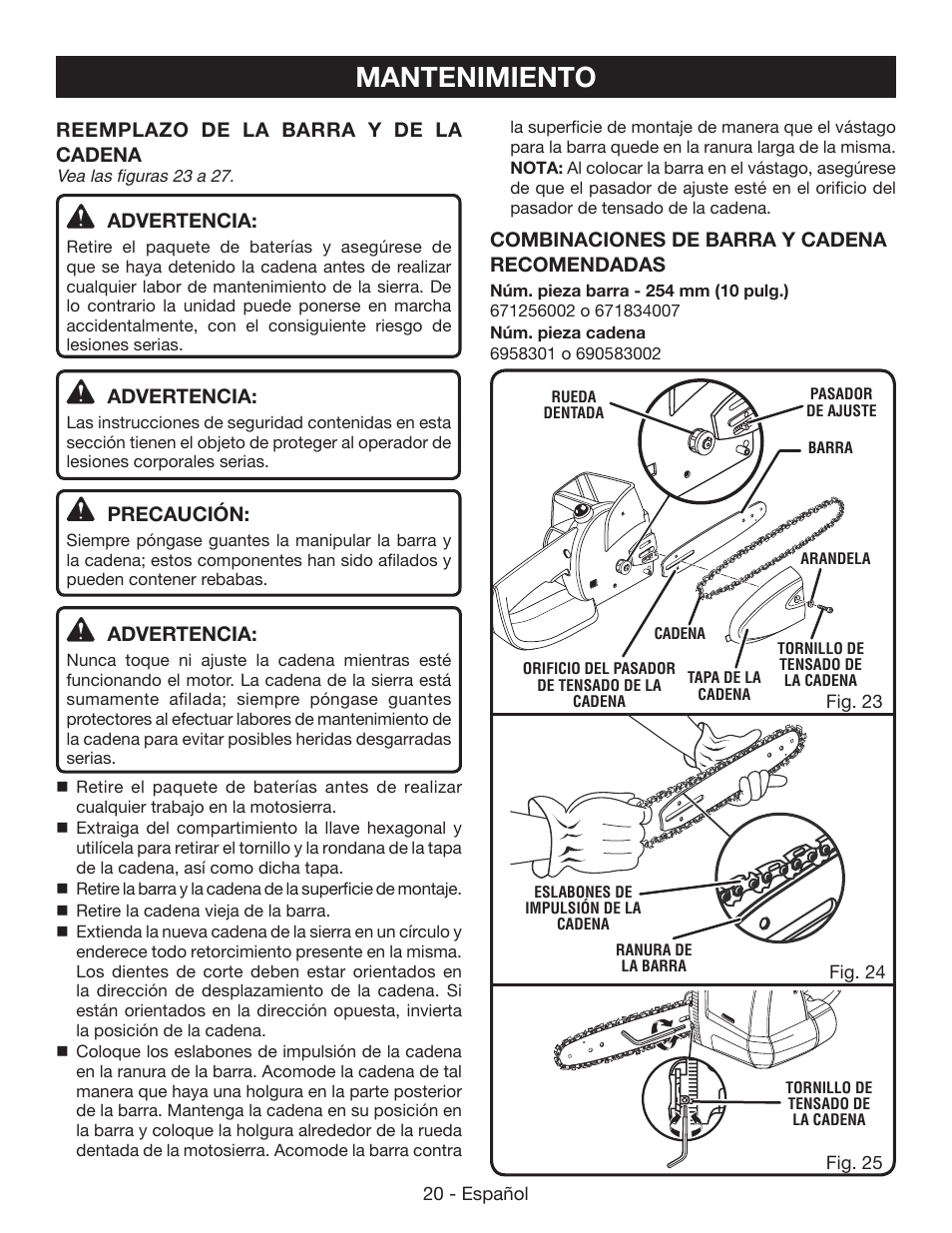 Mantenimiento | Ryobi P542 User Manual | Page 68 / 76