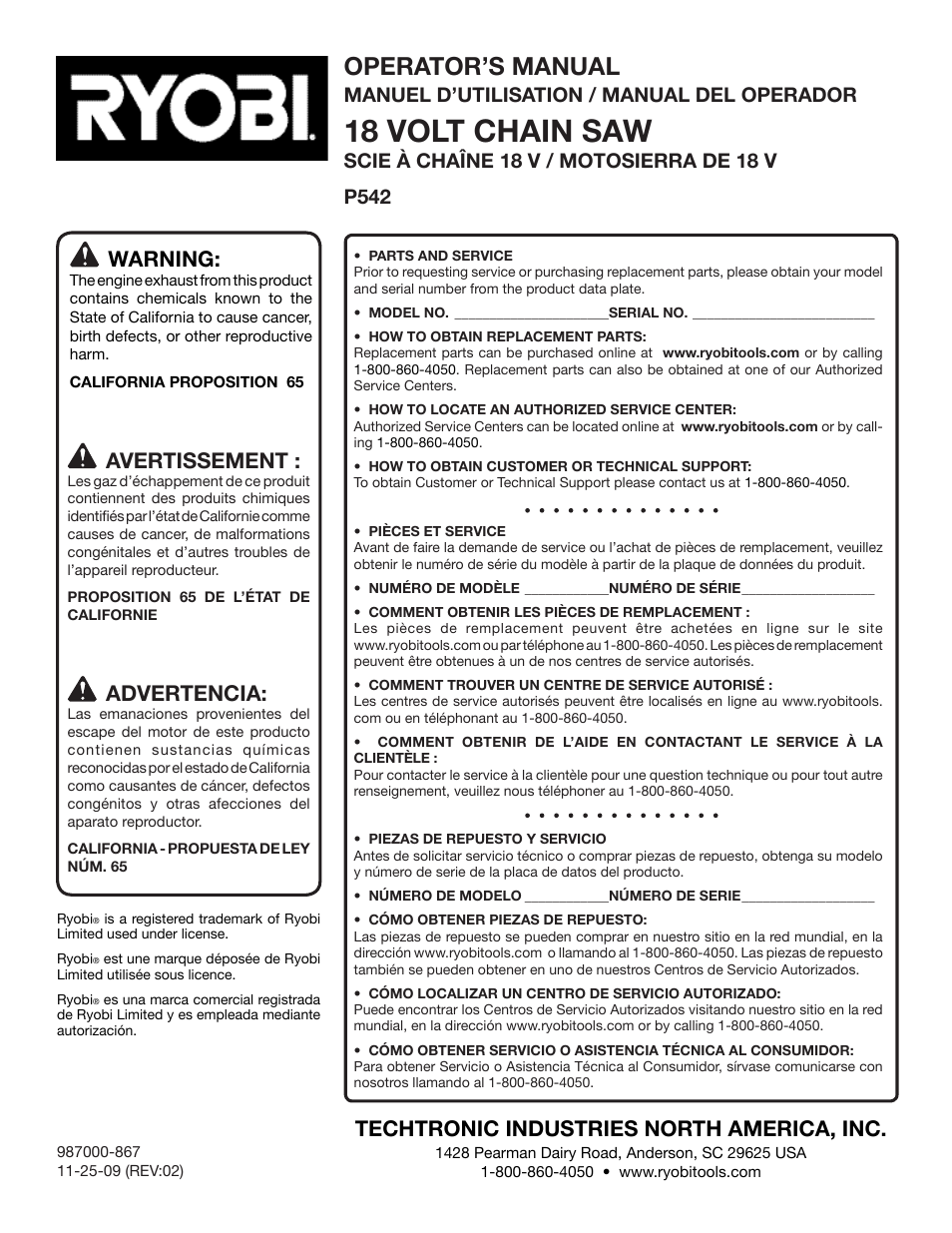 18 volt chain saw, Operator’s manual, Warning | Techtronic industries north america, inc, Avertissement, Advertencia, Manuel d’utilisation / manual del operador | Ryobi P542 User Manual | Page 76 / 76