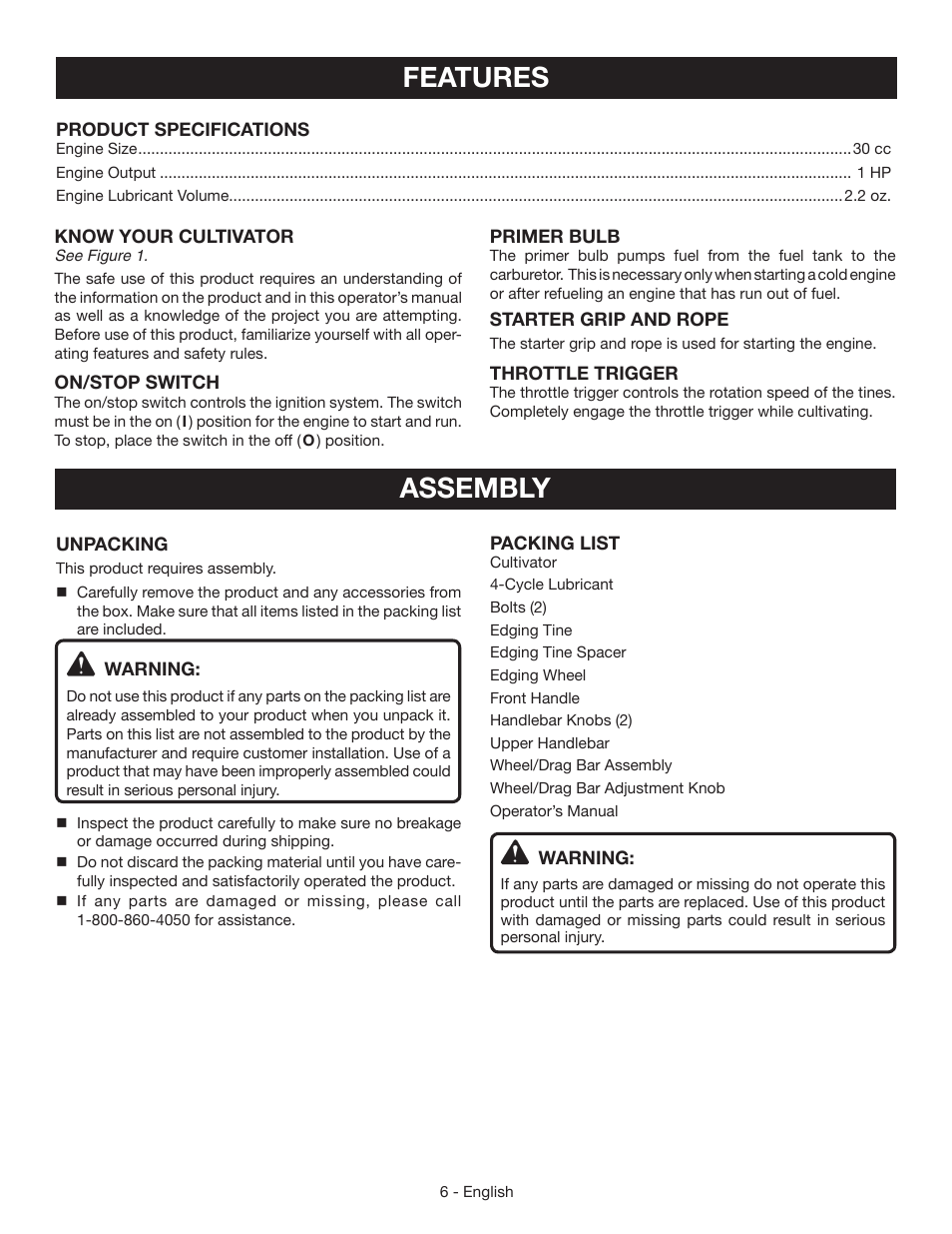 Features, Assembly | Ryobi RY64400 User Manual | Page 10 / 52