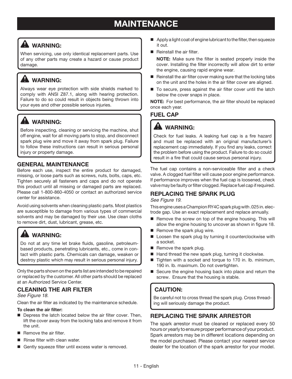 Maintenance | Ryobi RY64400 User Manual | Page 15 / 52
