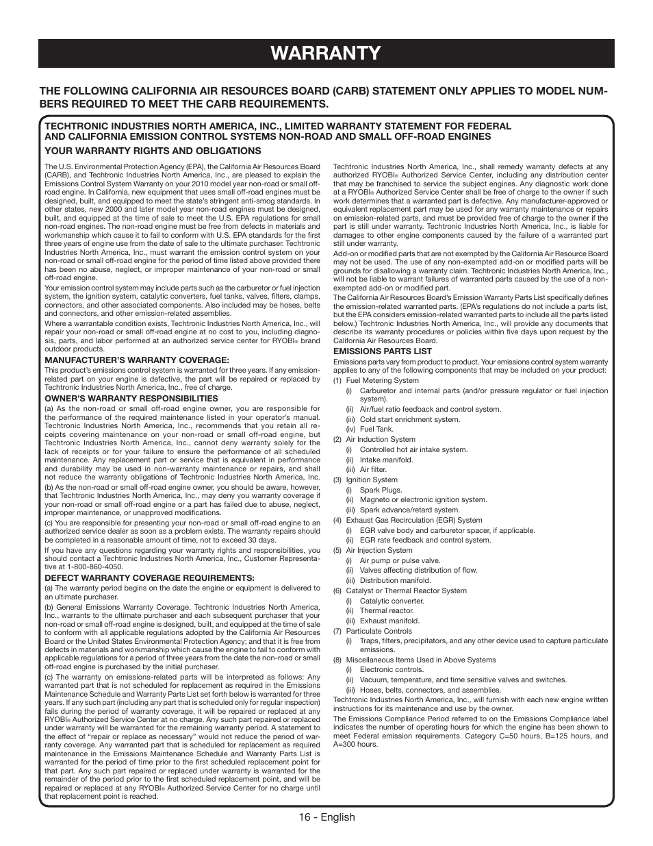 Warranty, 16 - english | Ryobi RY64400 User Manual | Page 20 / 52