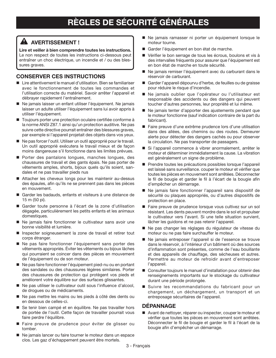 Règles de sécurité générales, Avertissement, Conserver ces instructions | Dépannage | Ryobi RY64400 User Manual | Page 22 / 52