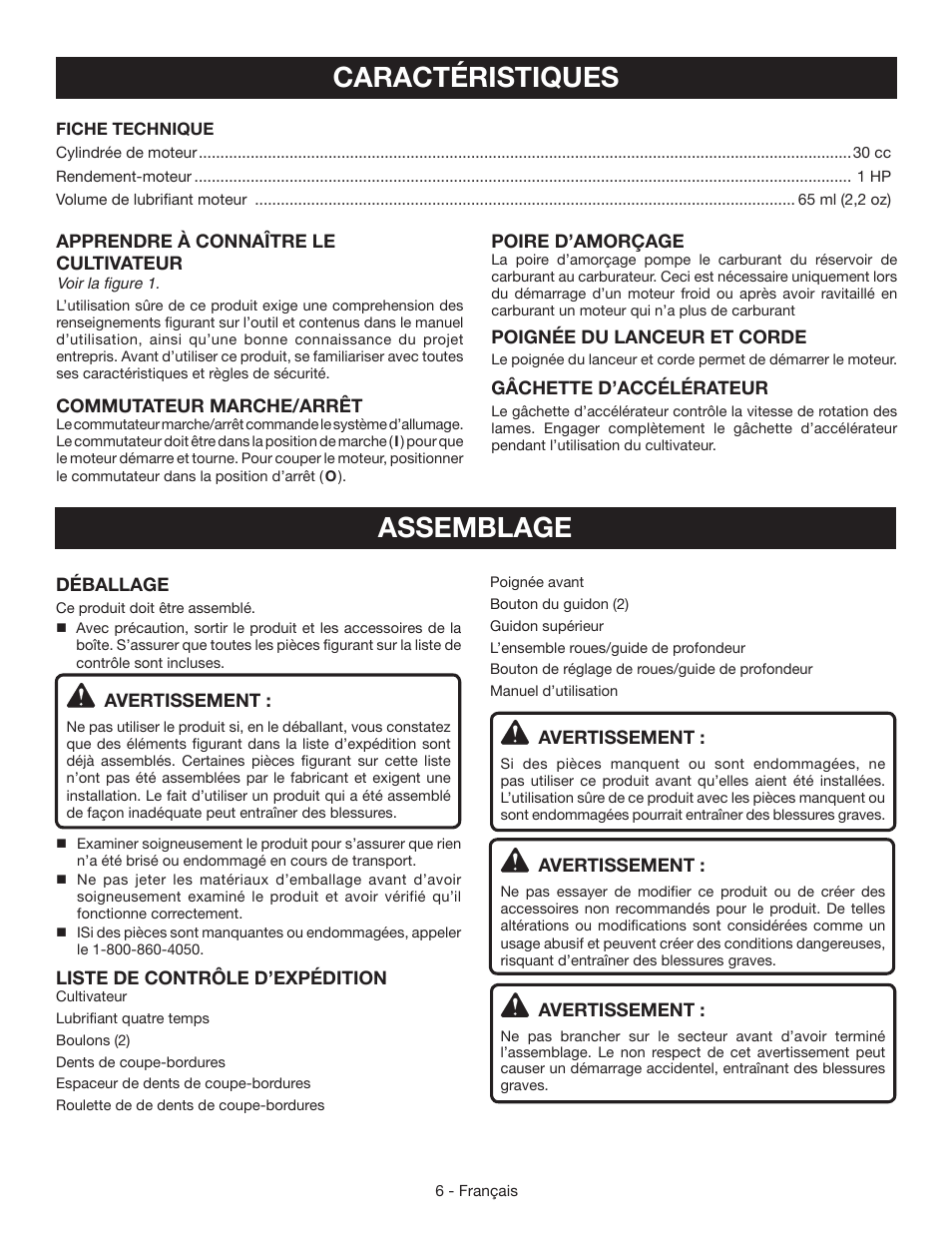 Caractéristiques, Assemblage | Ryobi RY64400 User Manual | Page 25 / 52