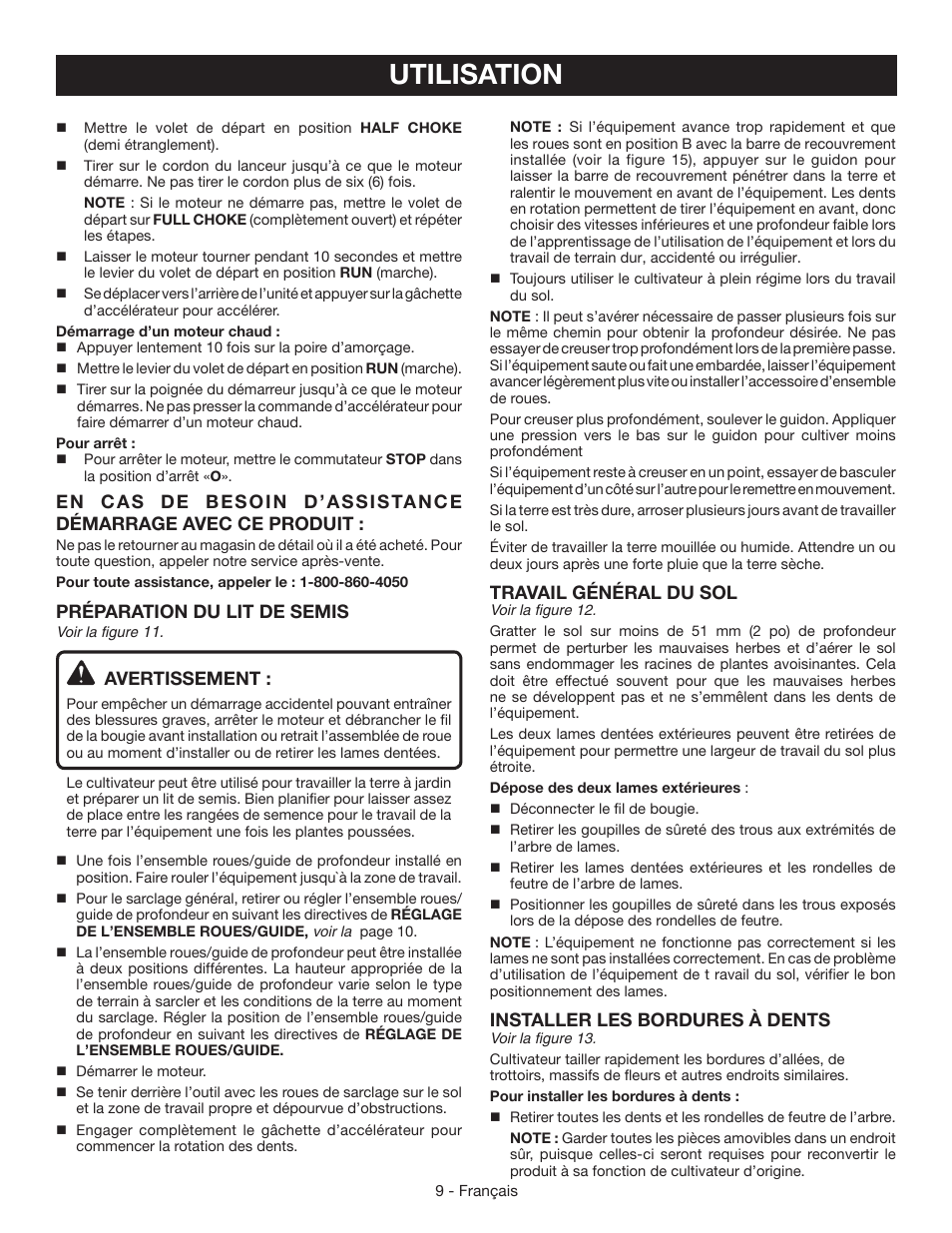 Utilisation, Travail général du sol, Installer les bordures à dents | Préparation du lit de semis, Avertissement | Ryobi RY64400 User Manual | Page 28 / 52