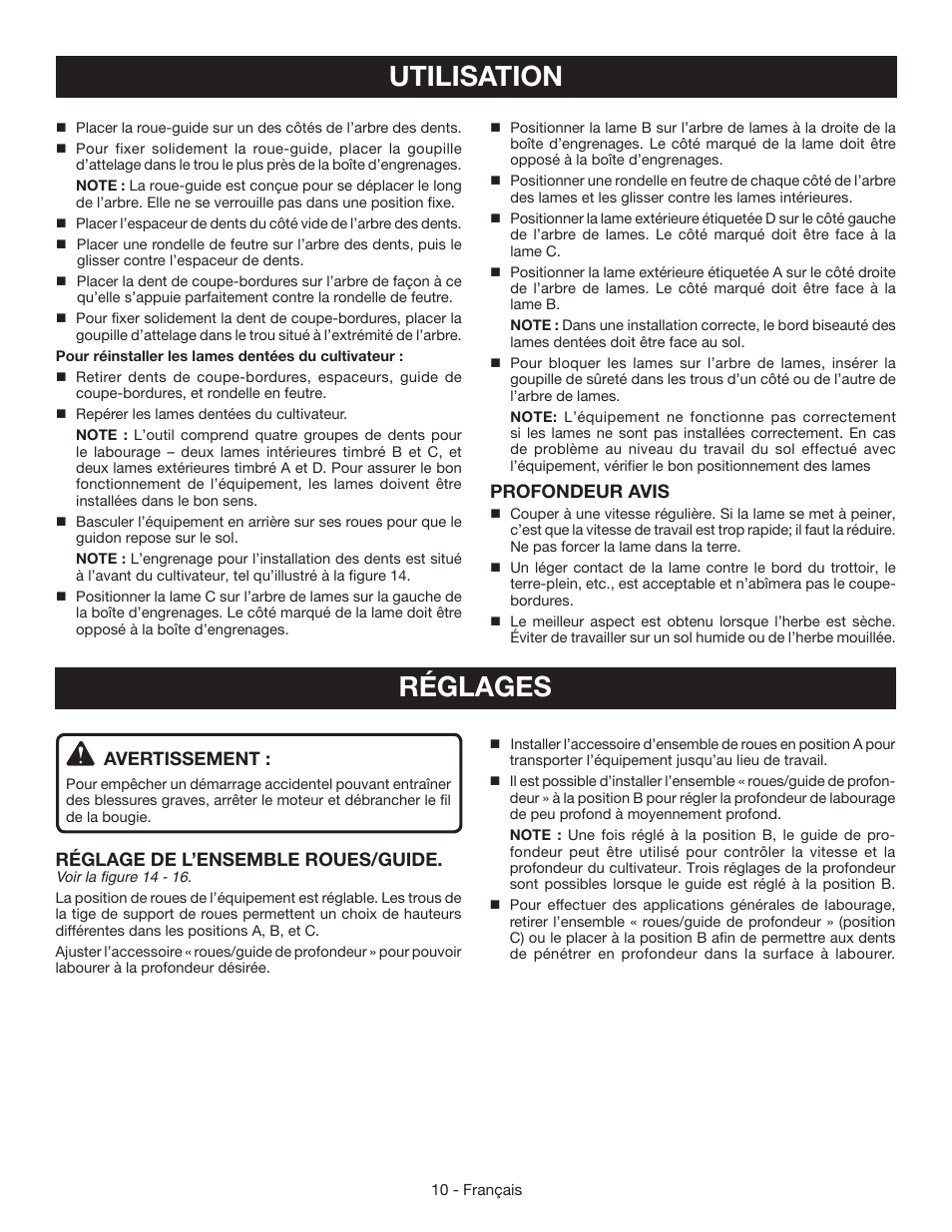 Utilisation, Réglages, Profondeur avis | Avertissement, Réglage de l’ensemble roues/guide | Ryobi RY64400 User Manual | Page 29 / 52