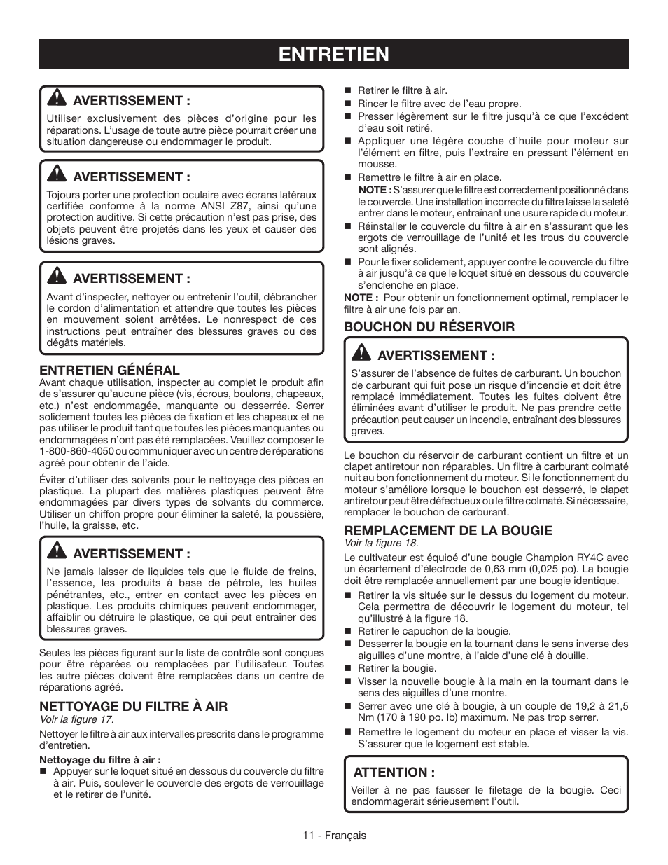 Entretien, Avertissement, Entretien général | Nettoyage du filtre à air, Bouchon du réservoir avertissement, Remplacement de la bougie, Attention | Ryobi RY64400 User Manual | Page 30 / 52