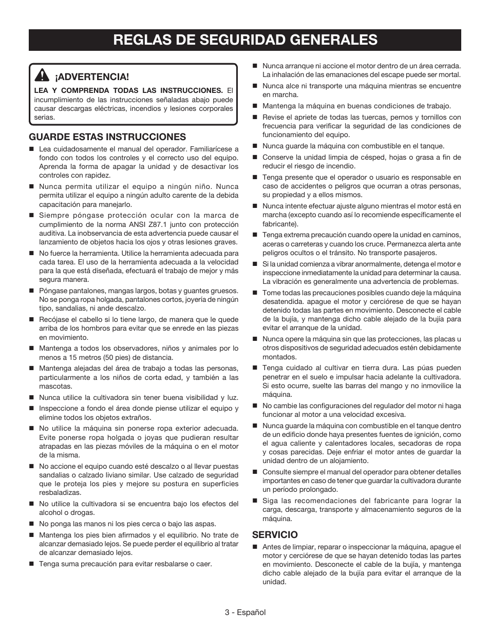 Reglas de seguridad generales, Advertencia, Guarde estas instrucciones | Servicio | Ryobi RY64400 User Manual | Page 37 / 52