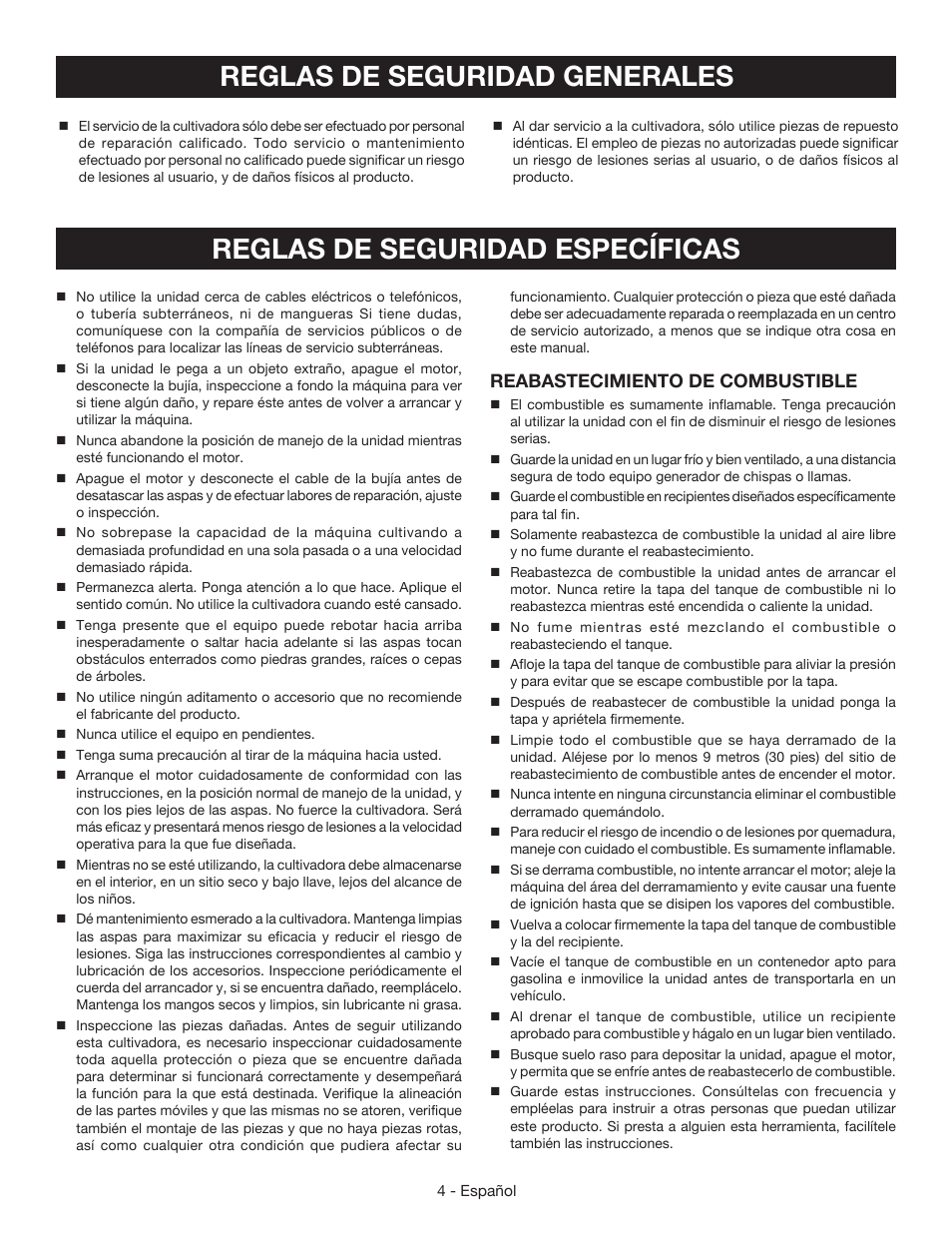 Reabastecimiento de combustible | Ryobi RY64400 User Manual | Page 38 / 52