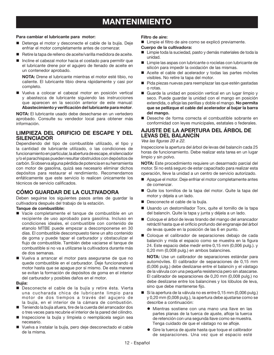 Mantenimiento, Limpieza del orificio de escape y del silenciador, Cómo guardar de la cultivadora | Ryobi RY64400 User Manual | Page 46 / 52