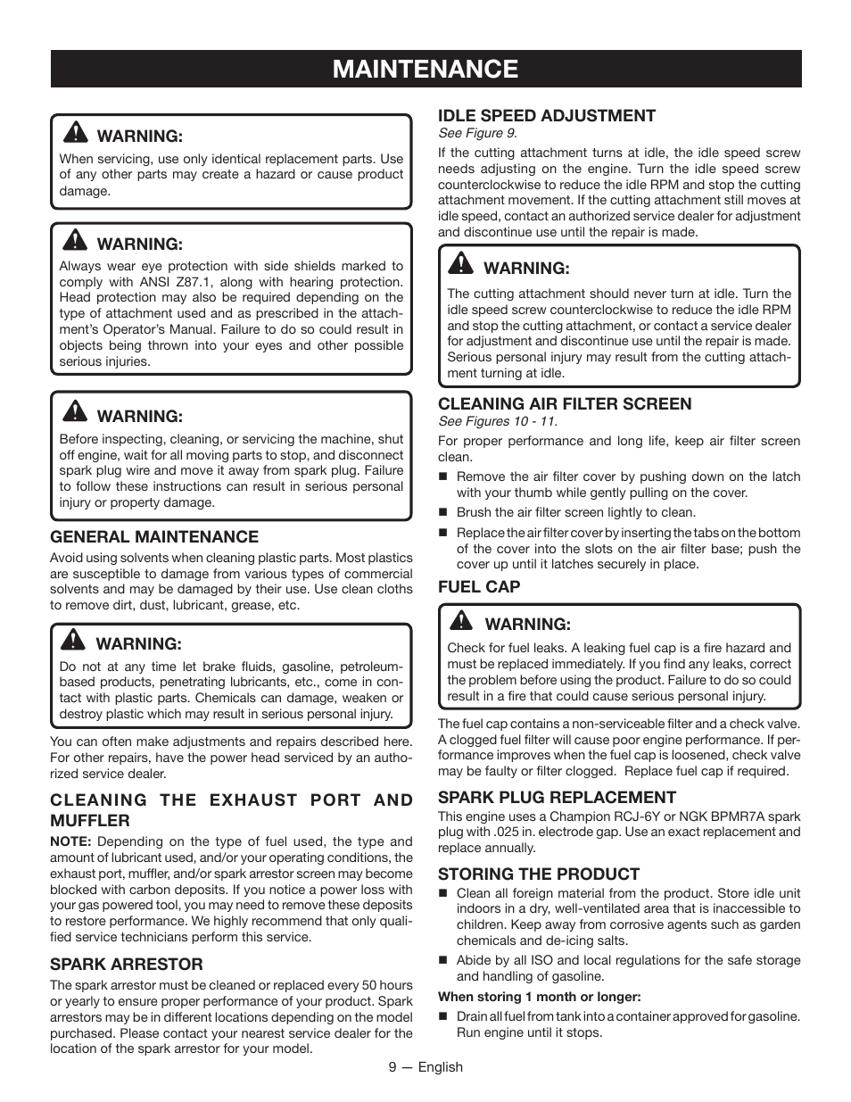 Maintenance | Ryobi RY28000 User Manual | Page 11 / 38