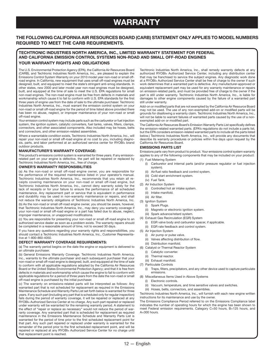 Warranty, 12 — english | Ryobi RY28000 User Manual | Page 14 / 38