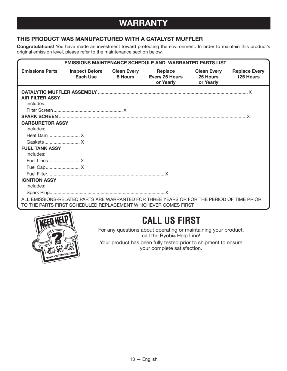Call us first, Warranty | Ryobi RY28000 User Manual | Page 15 / 38