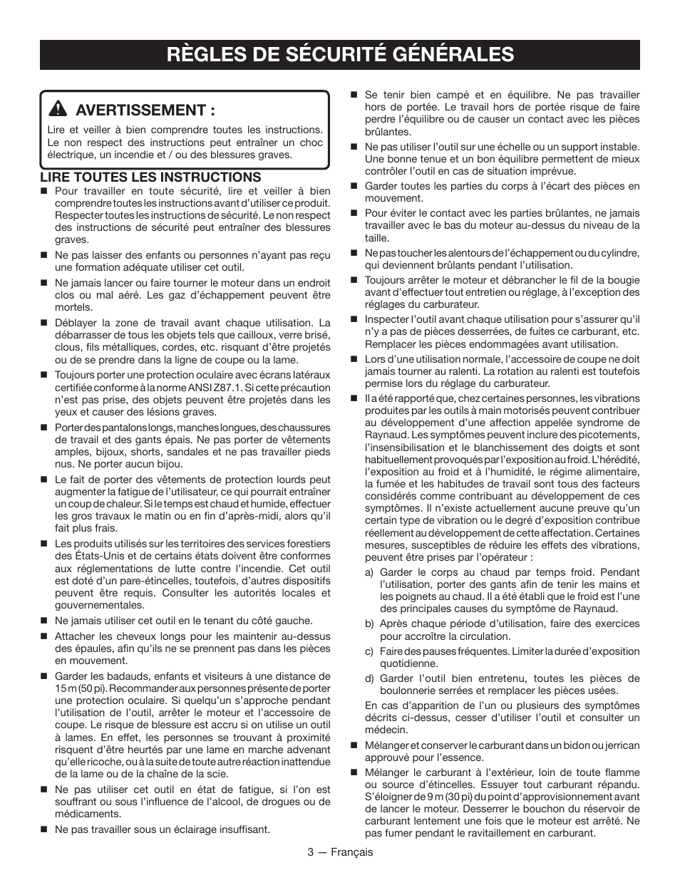 Règles de sécurité générales, Avertissement, Lire toutes les instructions | Ryobi RY28000 User Manual | Page 16 / 38