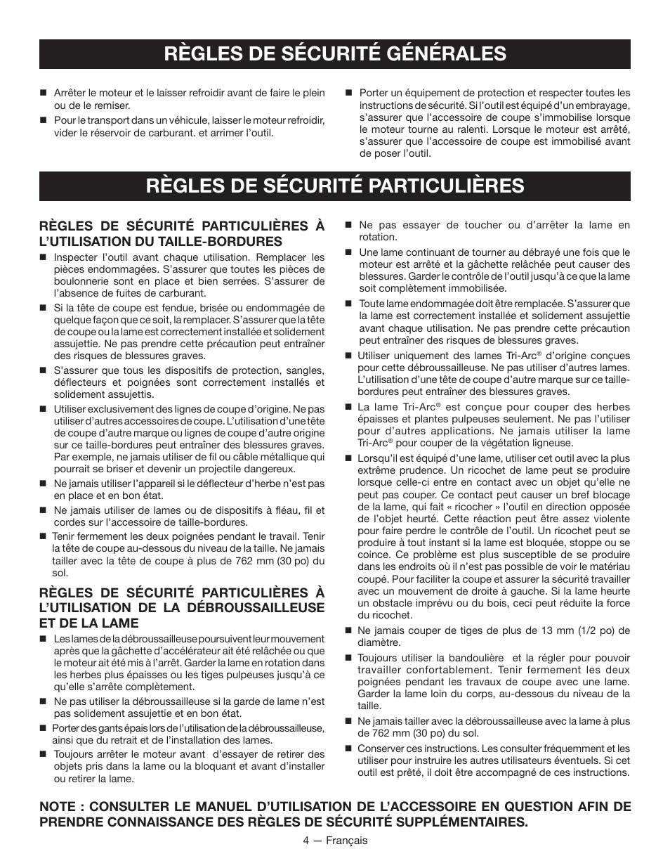 Règles de sécurité particulières, Règles de sécurité générales | Ryobi RY28000 User Manual | Page 17 / 38