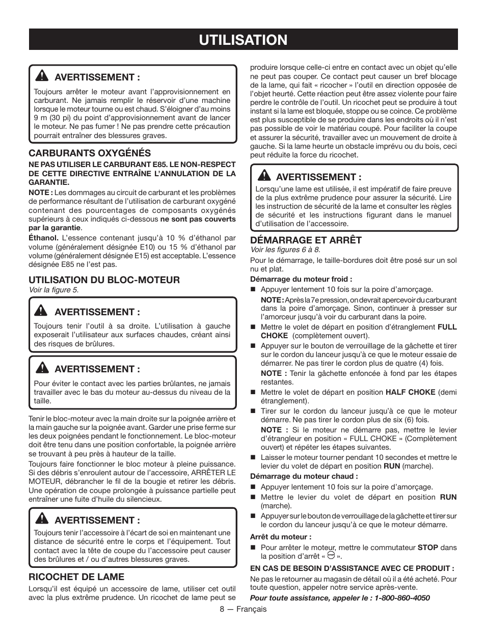 Utilisation, Avertissement, Démarrage et arrêt | Carburants oxygénés, Utilisation du bloc-moteur, Ricochet de lame | Ryobi RY28000 User Manual | Page 21 / 38