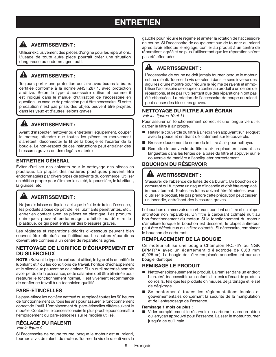 Entretien | Ryobi RY28000 User Manual | Page 22 / 38