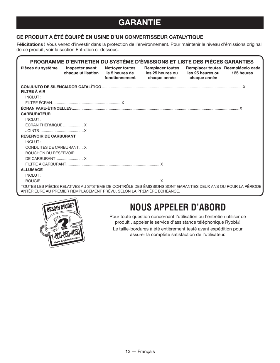 Nous appeler d’abord, Garantie, Besoin d’aid e | Ryobi RY28000 User Manual | Page 26 / 38