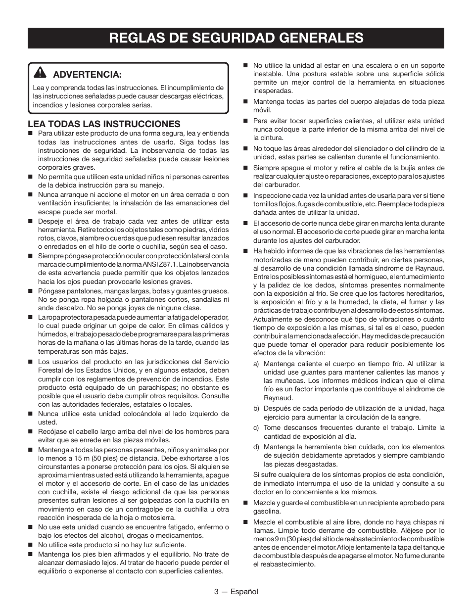 Reglas de seguridad generales, Advertencia, Lea todas las instrucciones | Ryobi RY28000 User Manual | Page 27 / 38
