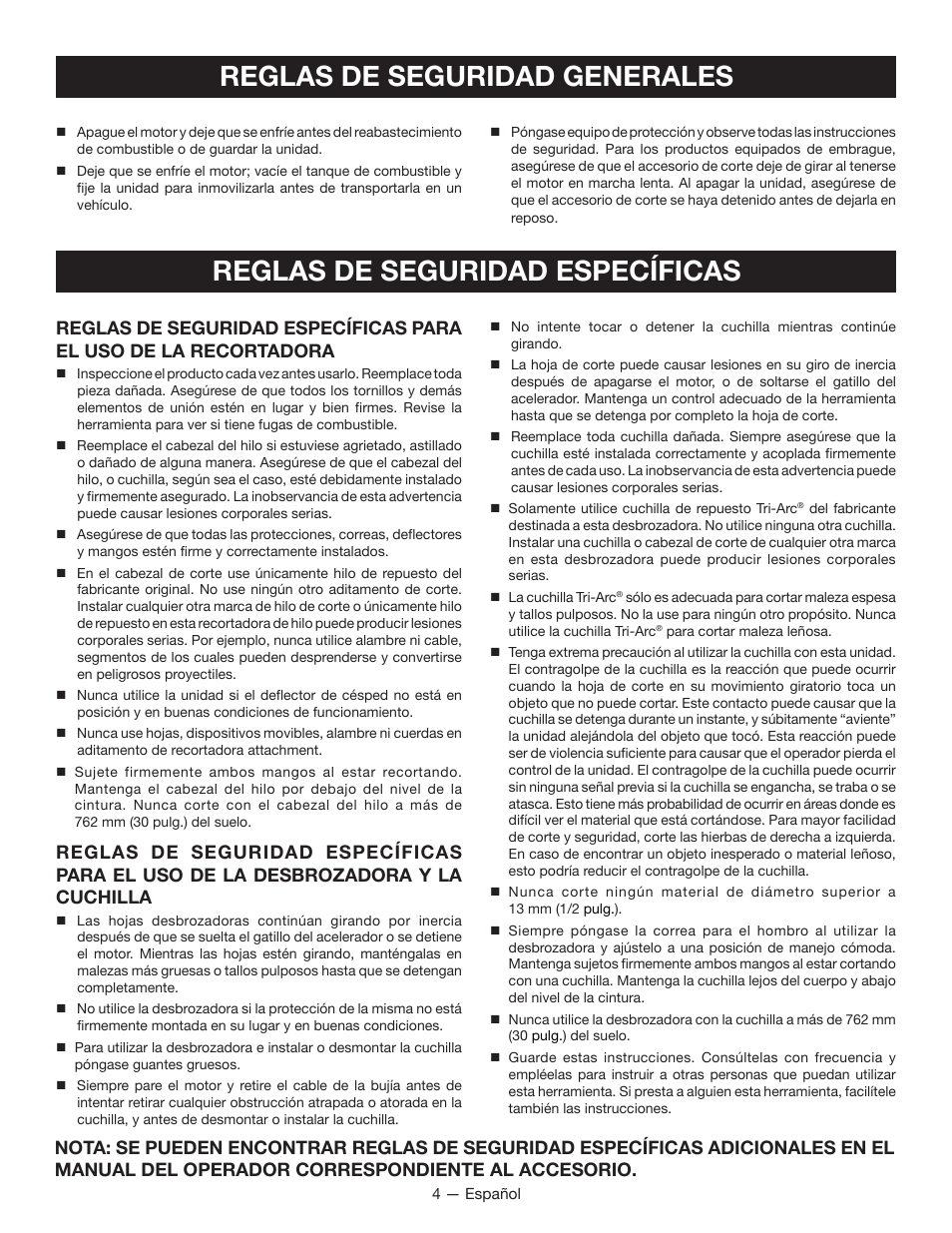 Reglas de seguridad específicas, Reglas de seguridad generales | Ryobi RY28000 User Manual | Page 28 / 38