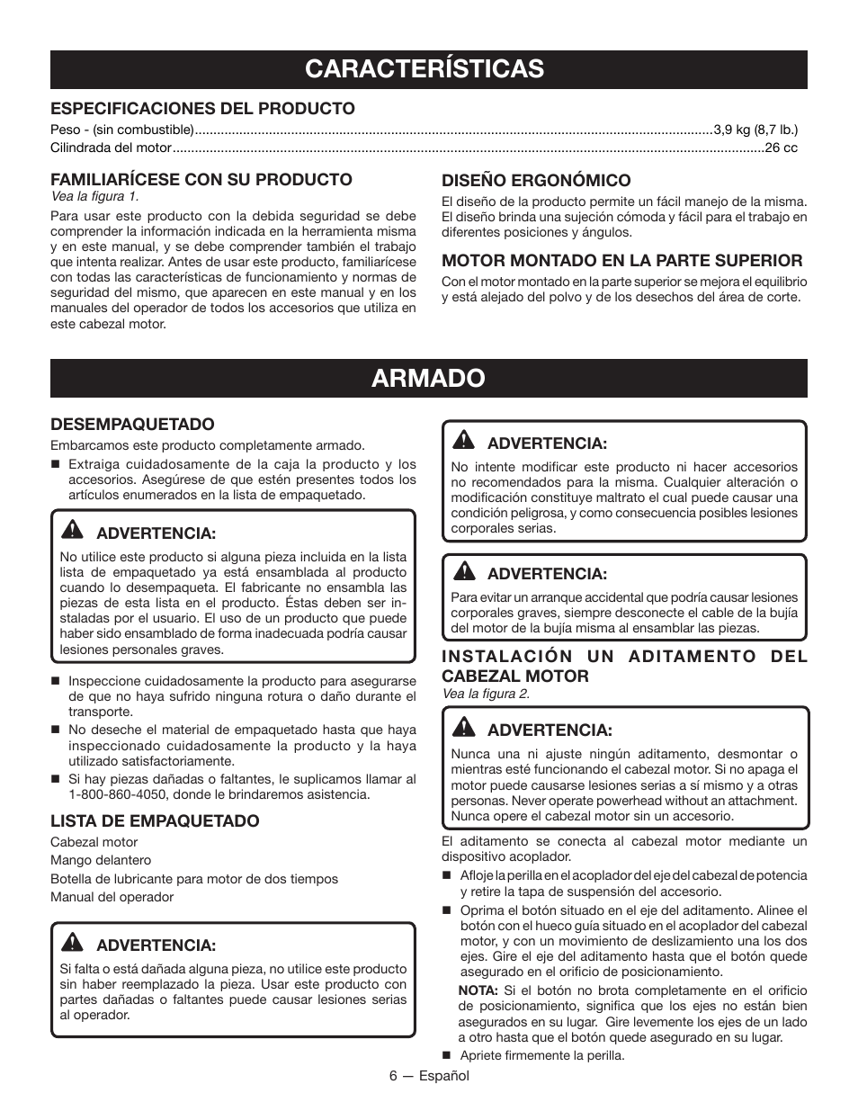 Características, Armado | Ryobi RY28000 User Manual | Page 30 / 38
