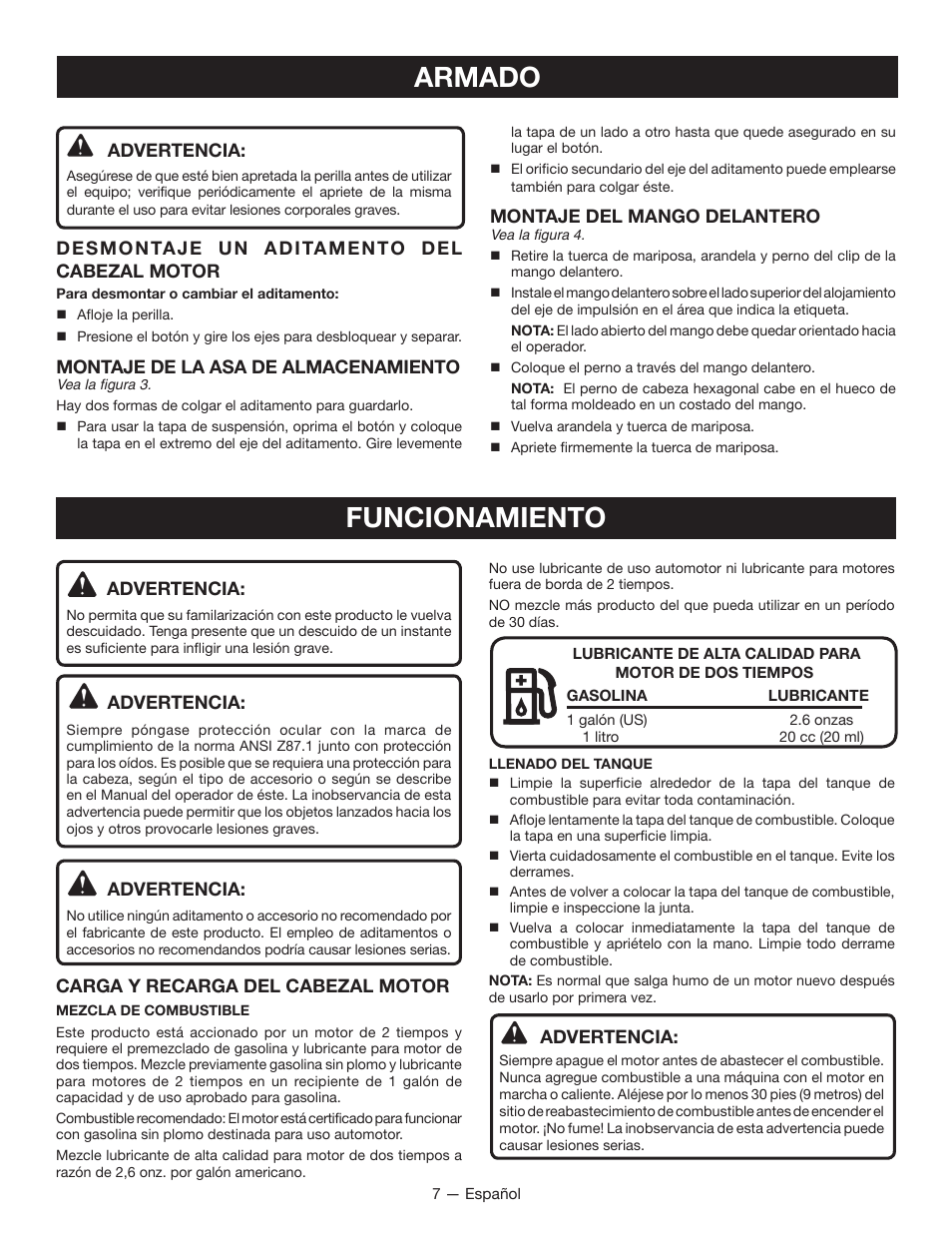 Armado, Funcionamiento | Ryobi RY28000 User Manual | Page 31 / 38