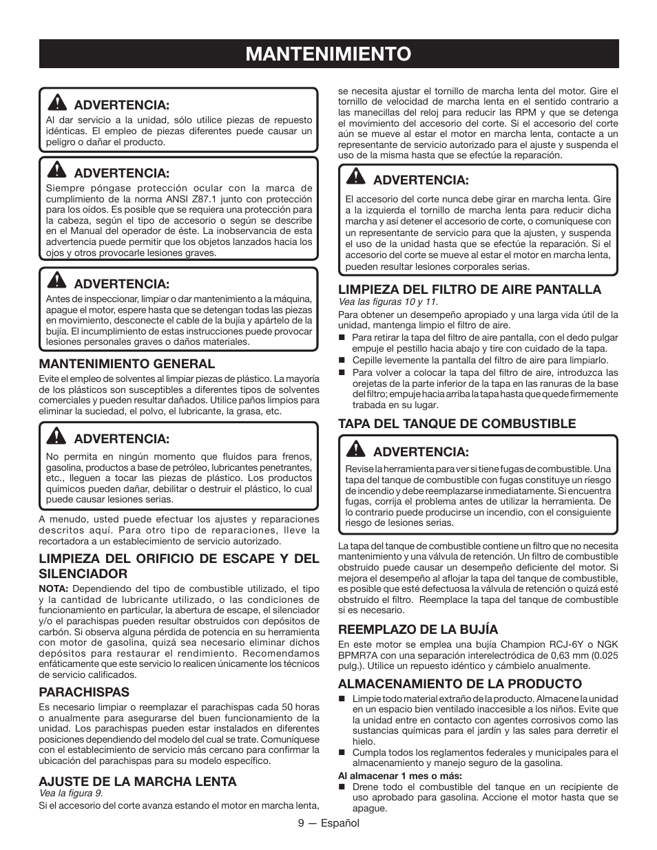 Mantenimiento | Ryobi RY28000 User Manual | Page 33 / 38
