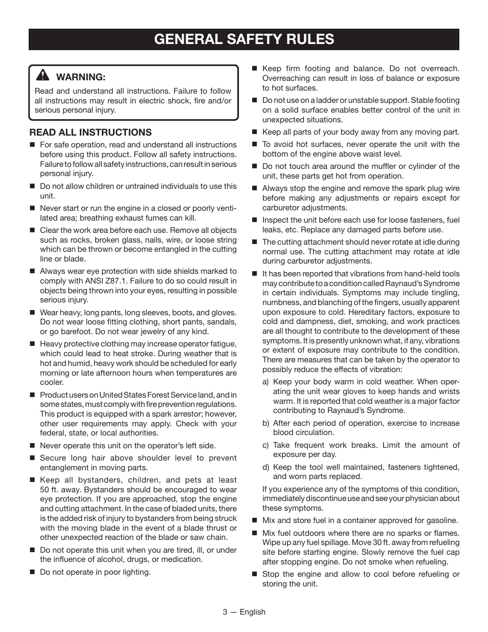 General safety rules | Ryobi RY28000 User Manual | Page 5 / 38