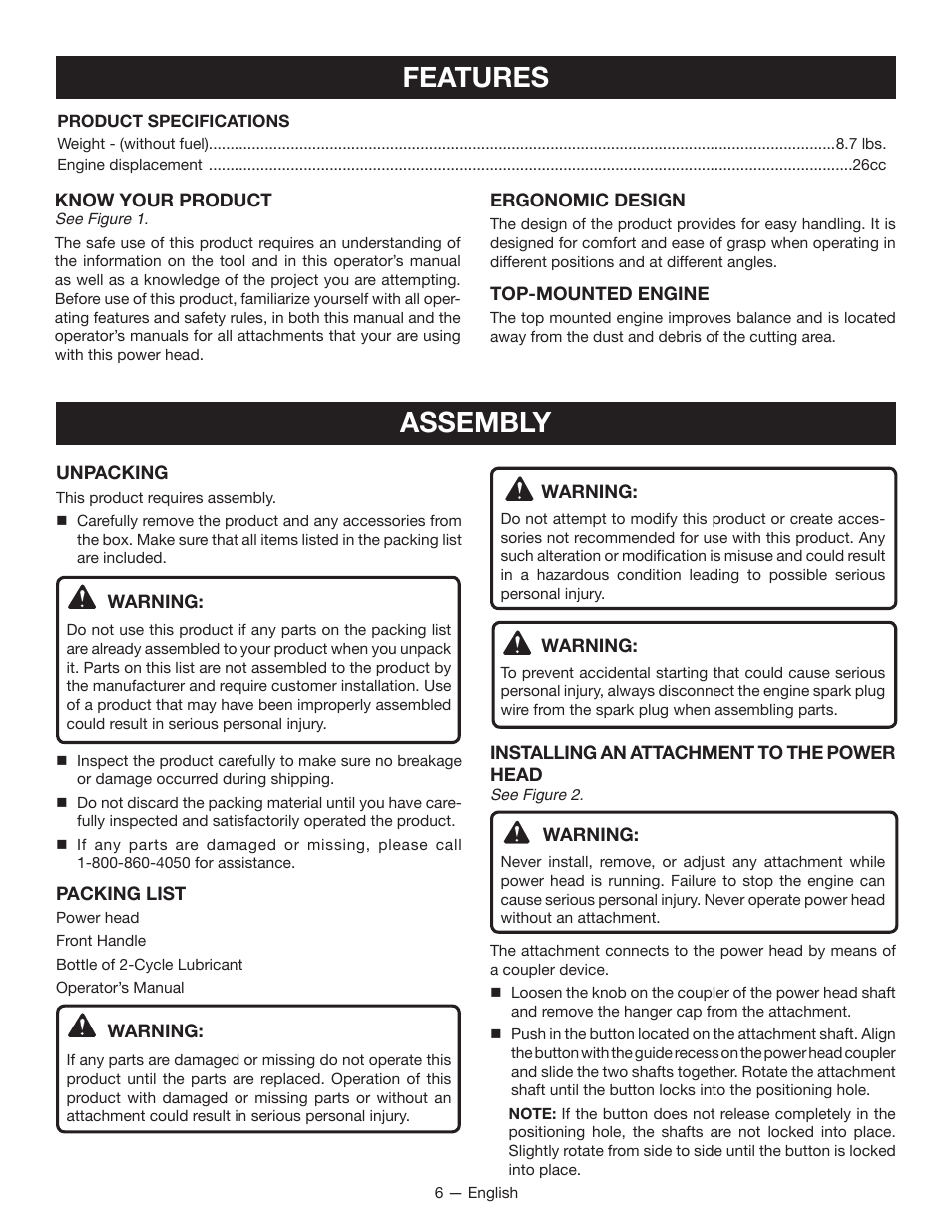 Features, Assembly | Ryobi RY28000 User Manual | Page 8 / 38