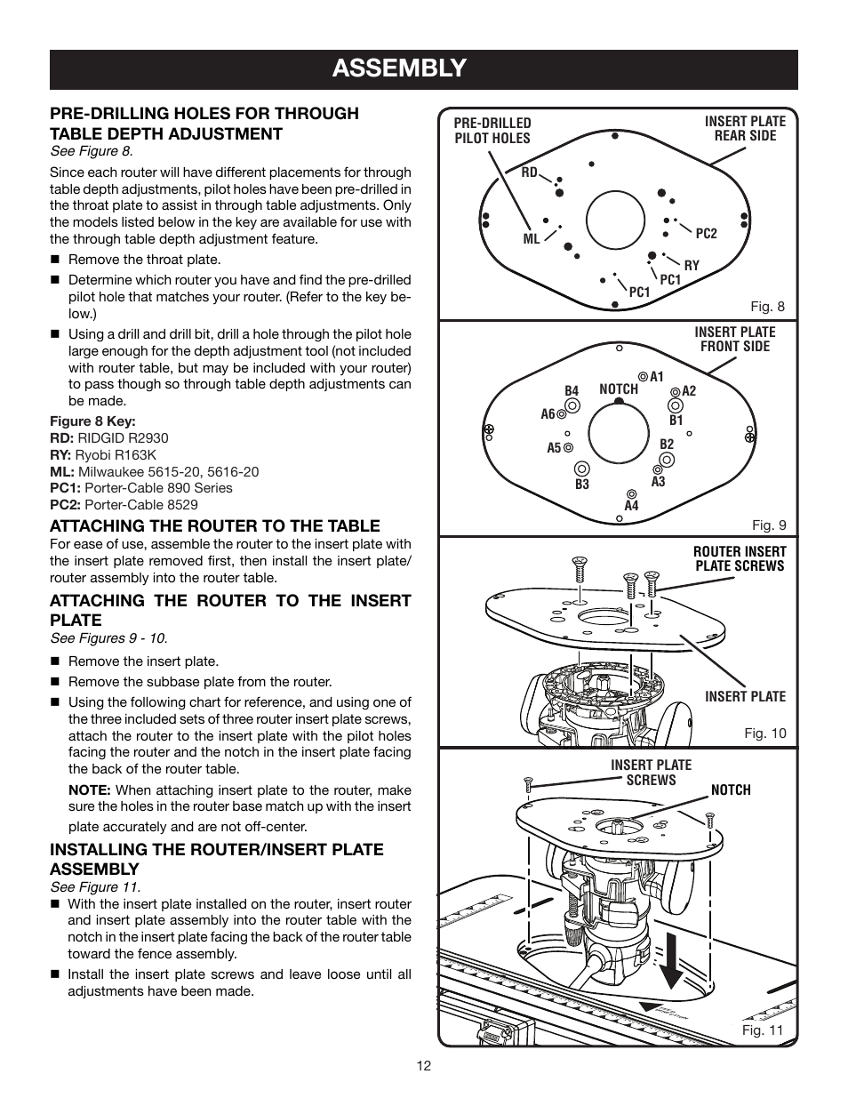Assembly, Attaching the router to the table, Attaching the router to the insert plate | Installing the router/insert plate assembly | Ryobi Router Table A25RT02 User Manual | Page 12 / 20