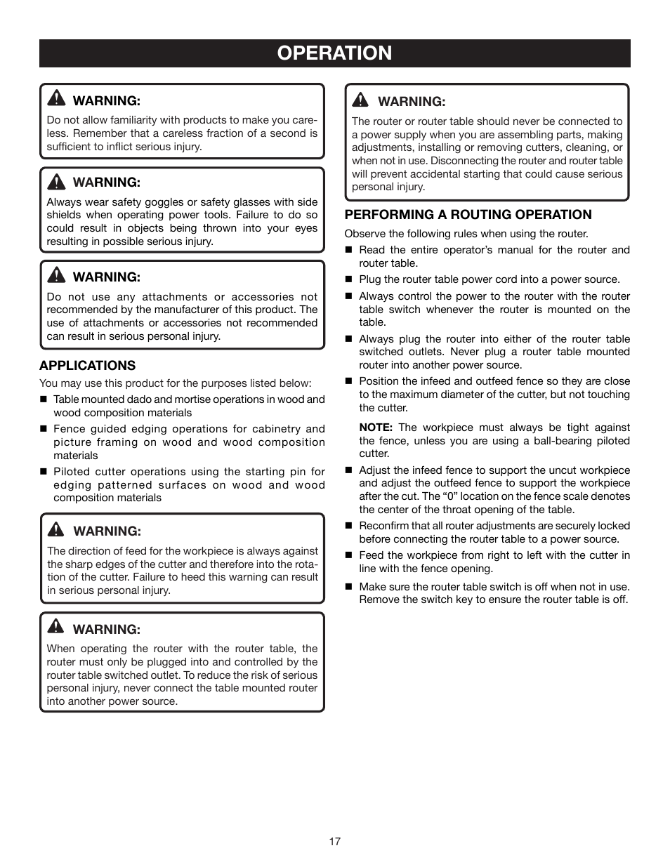 Operation | Ryobi Router Table A25RT02 User Manual | Page 17 / 20