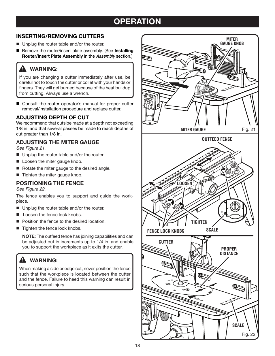 Operation, Inserting/removing cutters, Warning | Adjusting depth of cut, Adjusting the miter gauge, Positioning the fence, Scale, Miter gauge knob miter gauge | Ryobi Router Table A25RT02 User Manual | Page 18 / 20