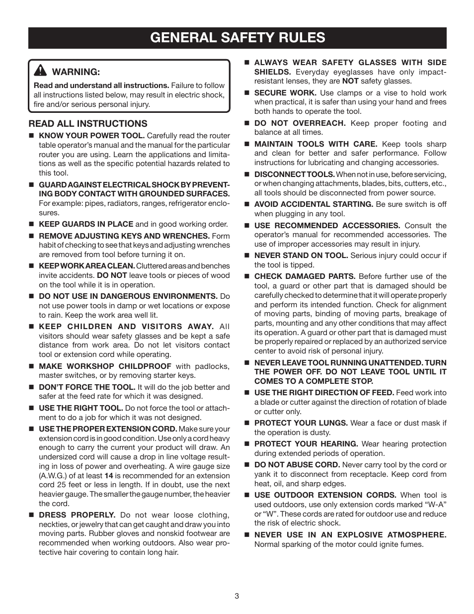 General safety rules | Ryobi Router Table A25RT02 User Manual | Page 3 / 20