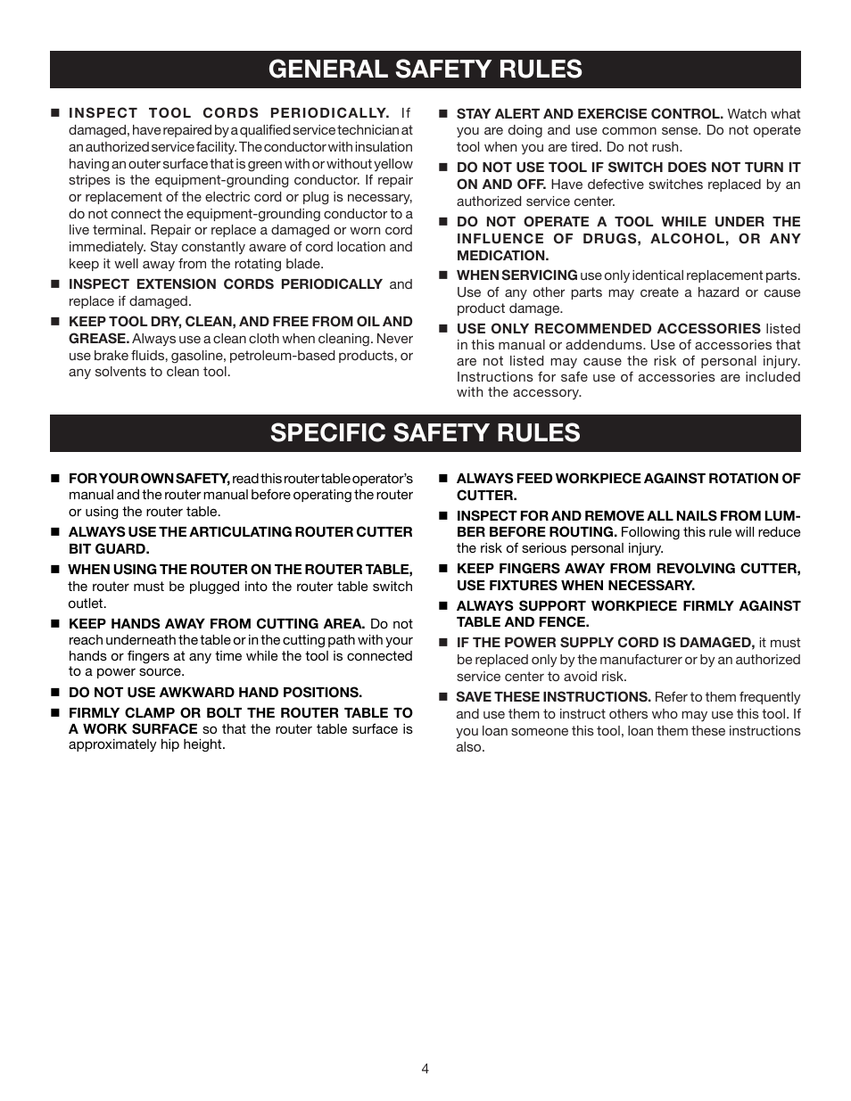 General safety rules, Specific safety rules | Ryobi Router Table A25RT02 User Manual | Page 4 / 20