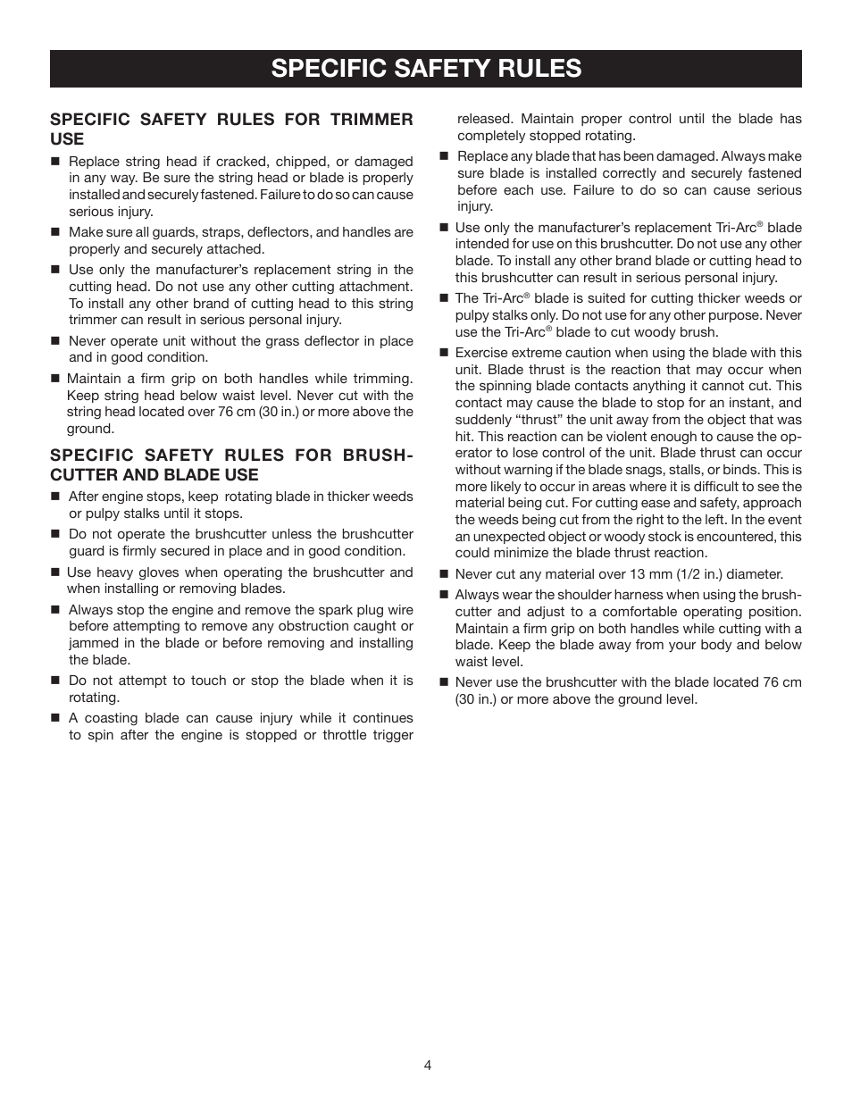 Specific safety rules | Ryobi BC30 RY30160 User Manual | Page 4 / 26