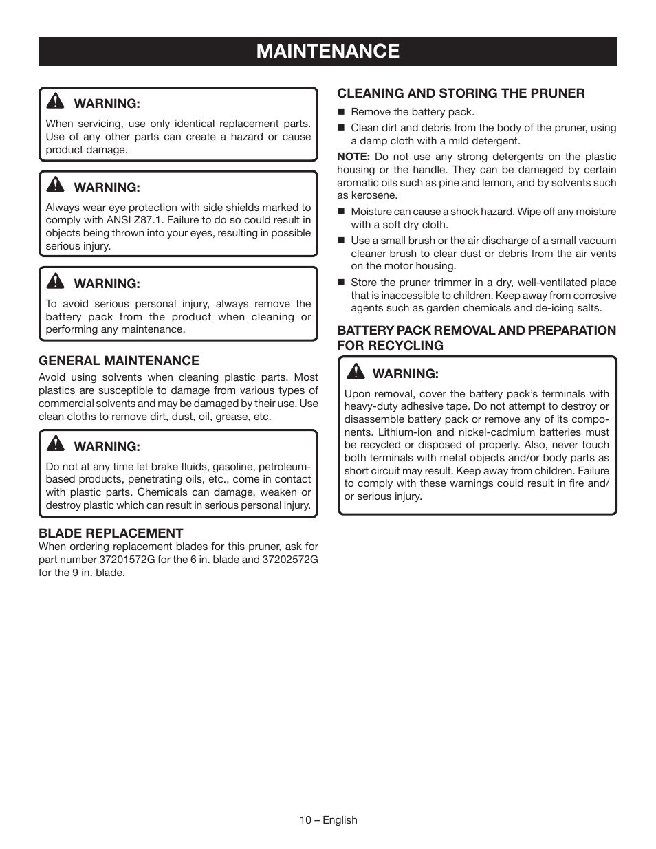 Maintenance | Ryobi P560 User Manual | Page 12 / 34