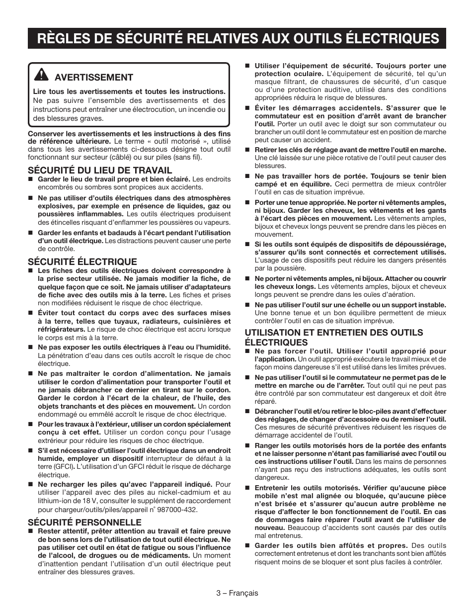 Avertissement, Sécurité du lieu de travail, Sécurité électrique | Ryobi P560 User Manual | Page 14 / 34