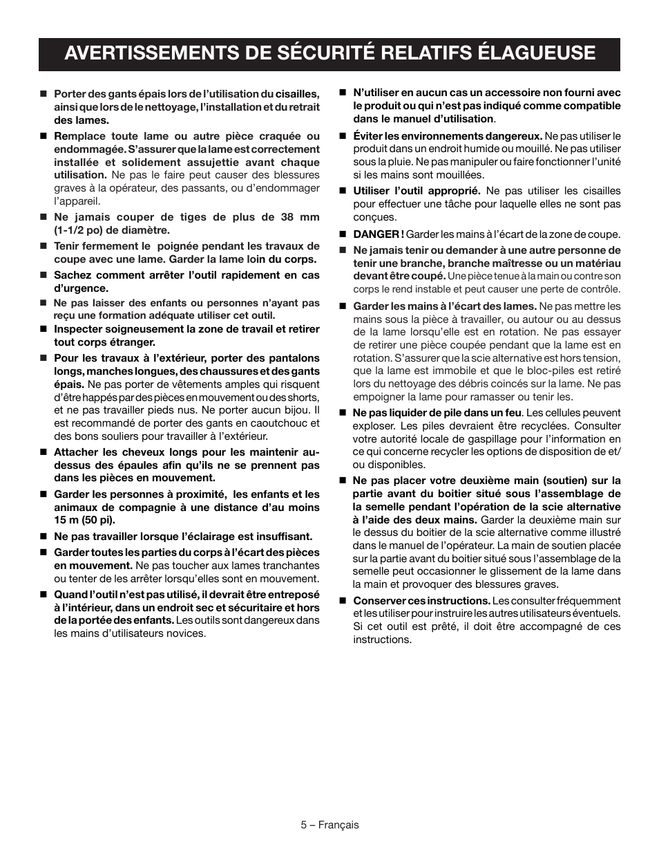 Avertissements de sécurité relatifs élagueuse | Ryobi P560 User Manual | Page 16 / 34